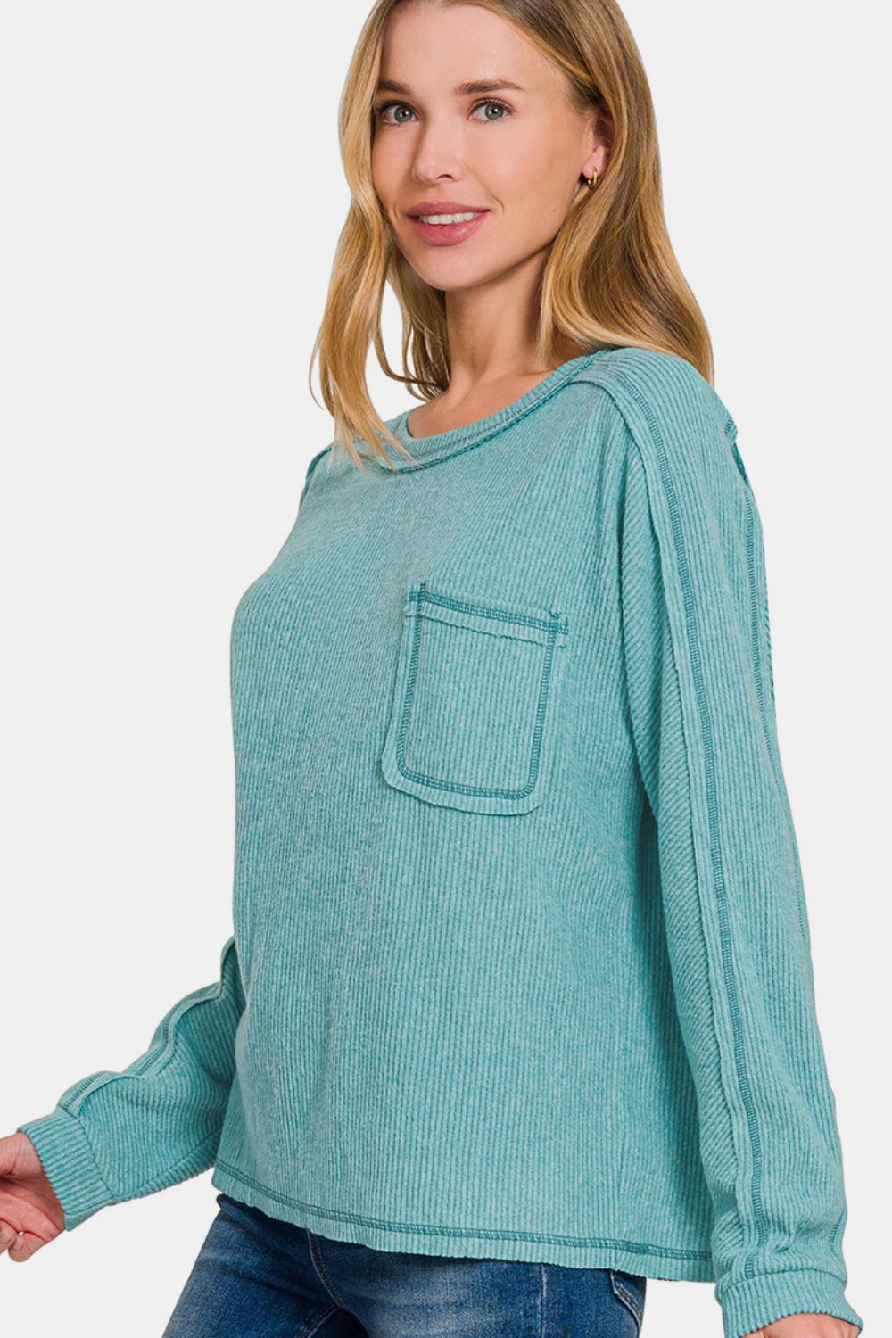 Zenana Contrast Stitching Brushed Ribbed Hacci Round Neck Knit Top | Dusty Teal