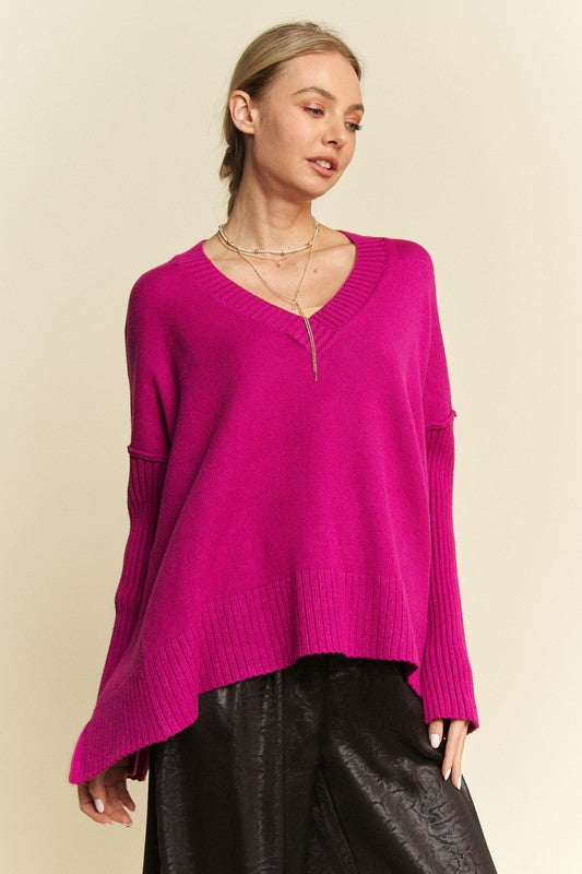 Davi & Dani Ribbed Side Slit V-Neck Sweater | Cerise