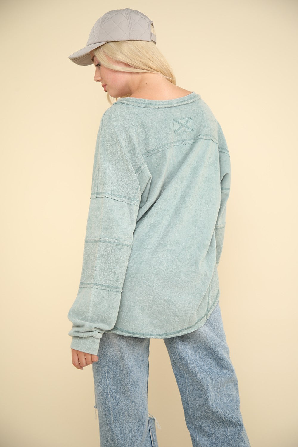 VERY J Washed V-Neck Raw Edge Button Trim Curve Hem Oversized Knit Top | Sage