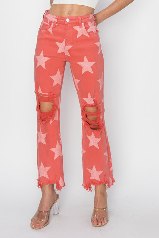 RISEN Full Size Distressed Raw Hem Star Pattern Peach Blossom Straight Jeans