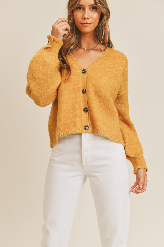 MABLE Long Sleeves Button Down V-Neck Relaxed Fit Sweater Cardigan | Mustard