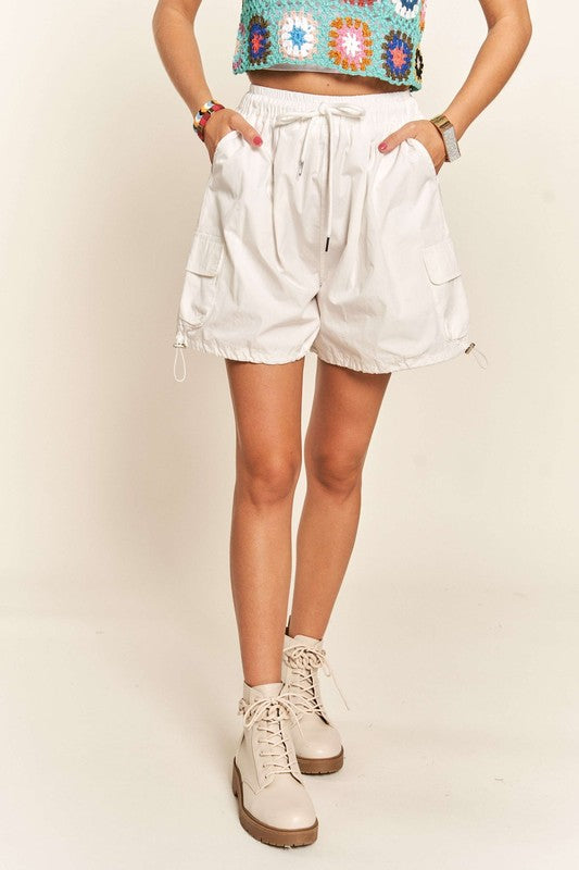 ADORA High Waisted Drawstring Relaxed Fit Wide Leg Cargo Pockets Shorts | White