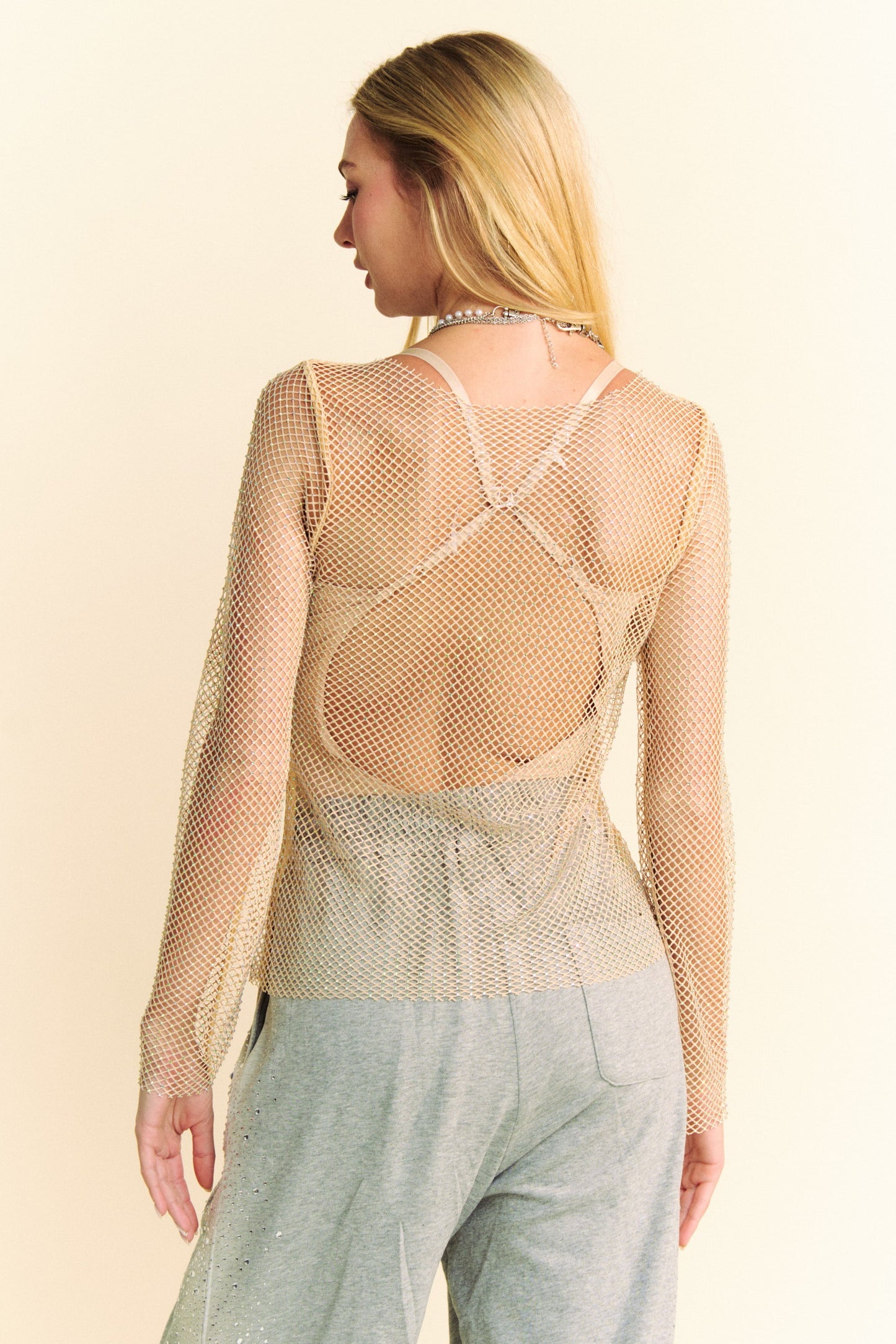 Davi & Dani Sparkling Rhinestone Detail Sheer Mesh Round Neck Top | Champagne