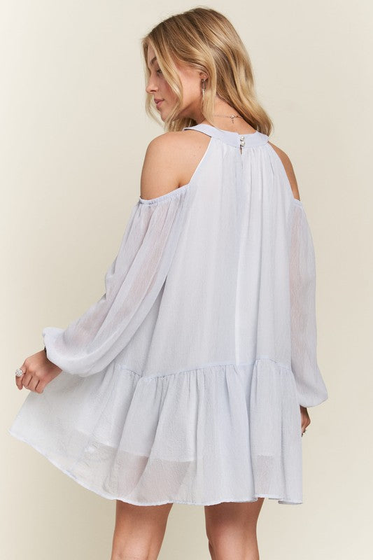 ADORA Cold Shoulder Crinkle Ruffle Hem Balloon Sleeves Babydoll Dress | Blue