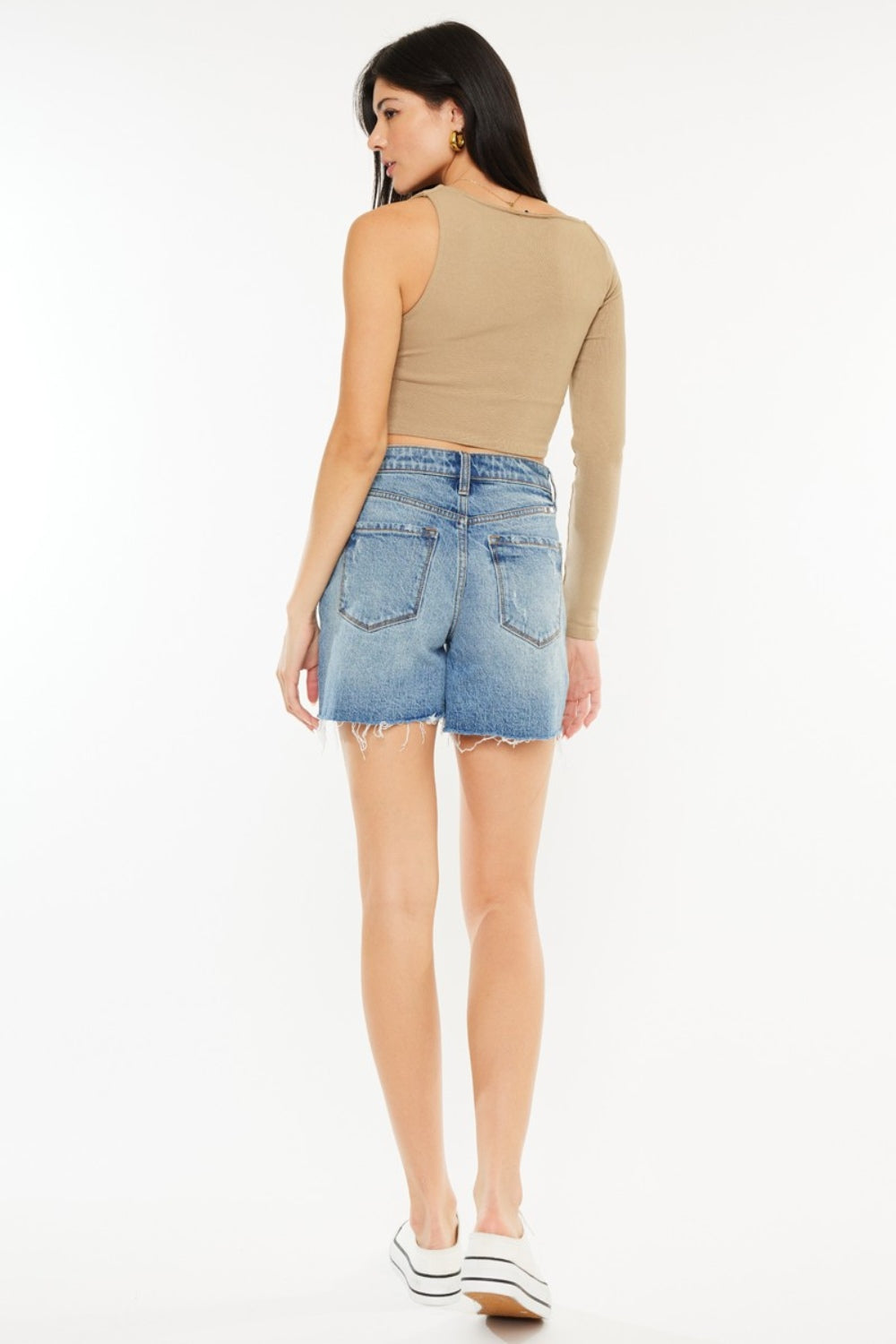 KanCan Full Size Raw Hem High Waist Zipper Fly Medium Wash Denim Shorts