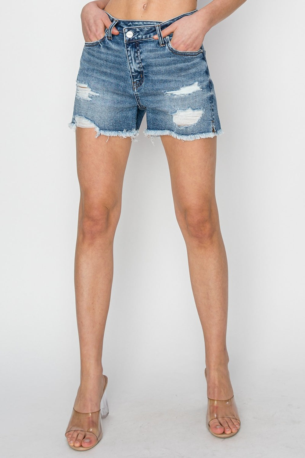 RISEN Stepped Waist Frayed Hem Distressed Zipper Fly Denim Shorts | Medium Wash