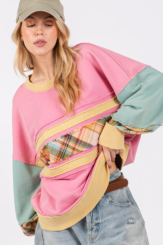 SAGE + FIG Mineral Wash Raw Edge Color Block Oversized Sweatshirt | Barbie Pink