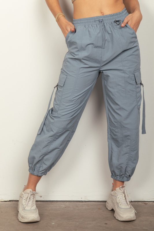 VERY J Elastic Waist Drawstring Woven Multi Pockets D-Rings Cargo Pants | Denim