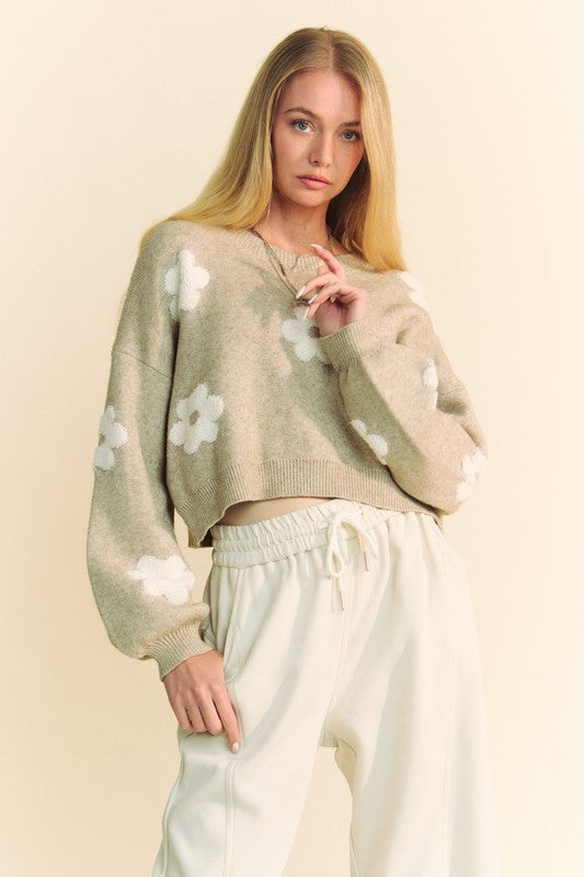 Davi & Dani Floral Pattern Drop Shoulder Long Sleeves Cropped Sweater | Tan