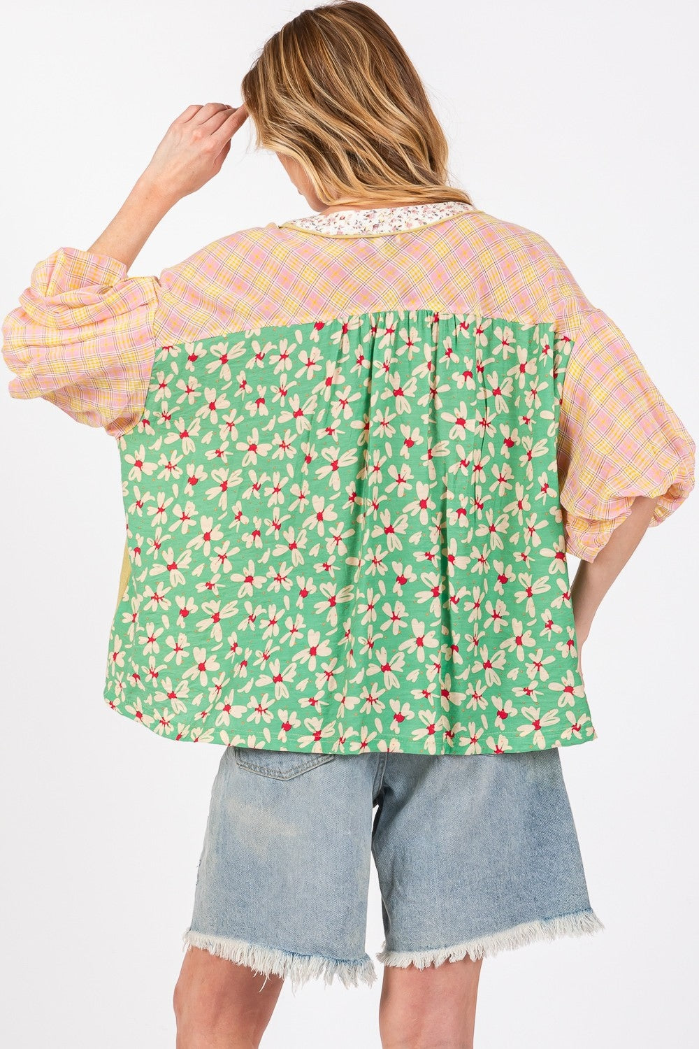 SAGE + FIG Color Block Plaid Print Bubble Short Sleeves Oversized Blouse | Sage