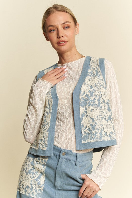 Davi & Dani Casual Textures Lace Patch Detail Open Front Denim Vest | Light Blue