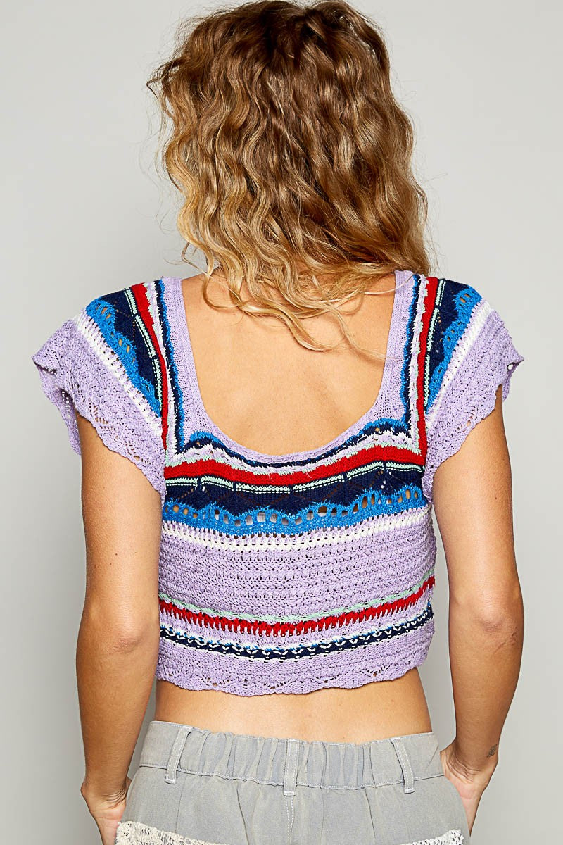 POL Openwork Ethnic Pattern Square Neck Color Block Cropped Knit Top | Lavender