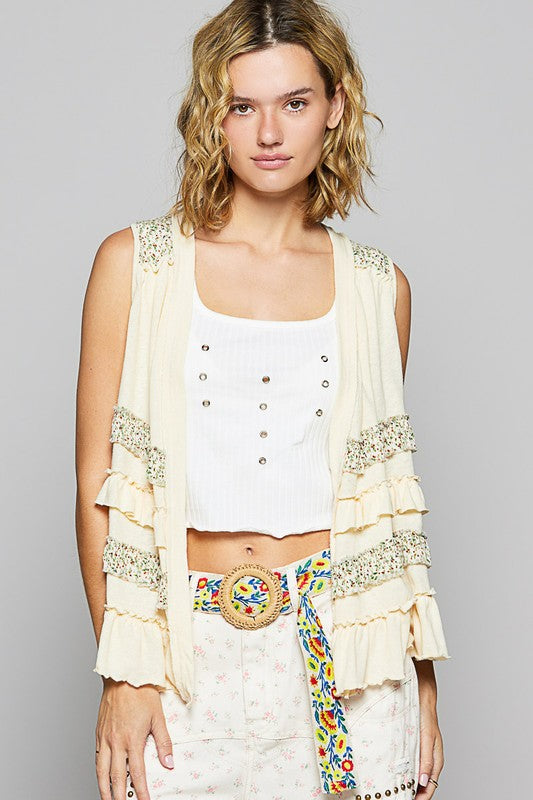 POL Floral Pattern Ruffle Detail Sleeveless Flowy Open Front Cardigan | Cream