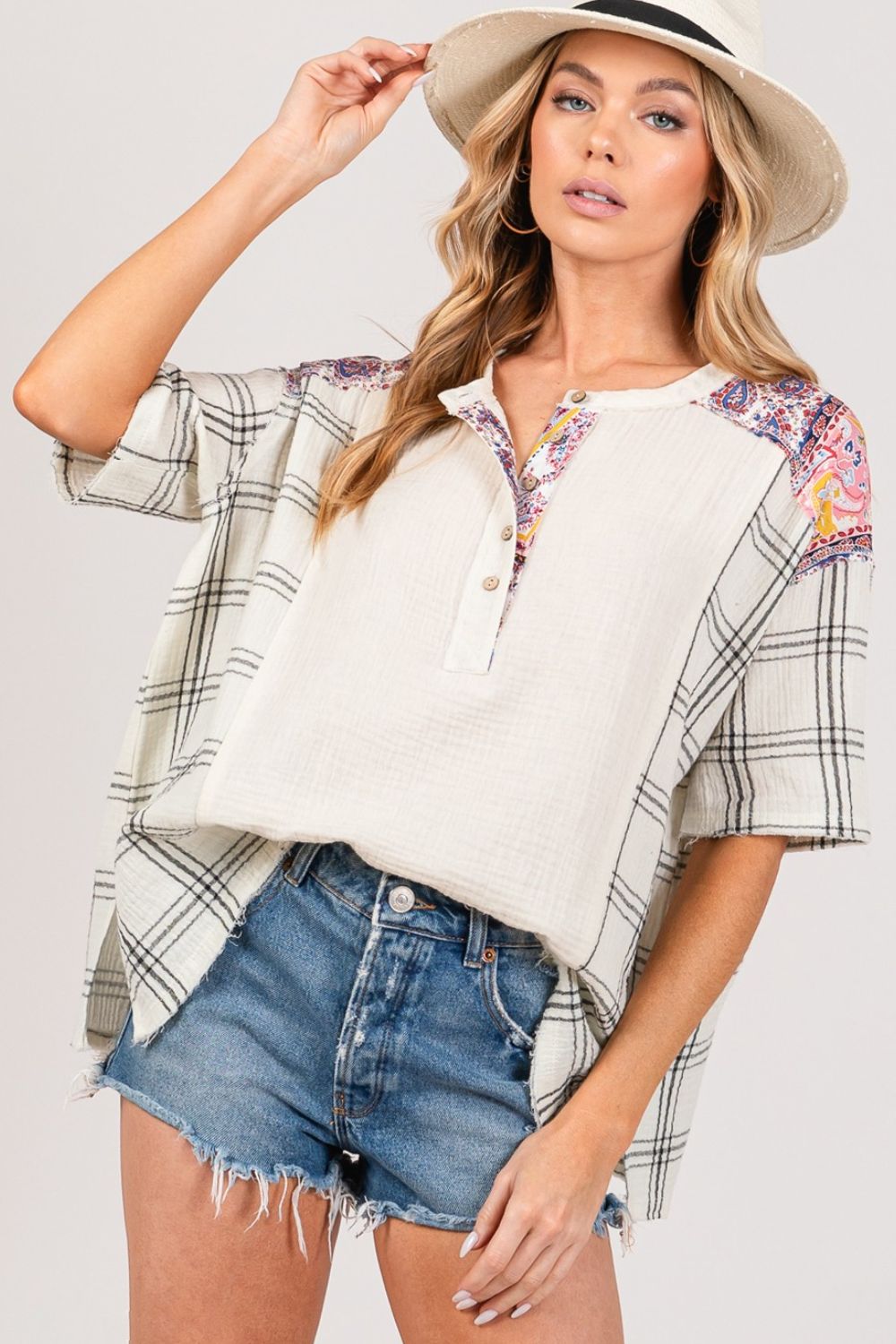 SAGE + FIG Plaid Pattern Half Button Gauze Short Sleeves Oversized Top | Ivory