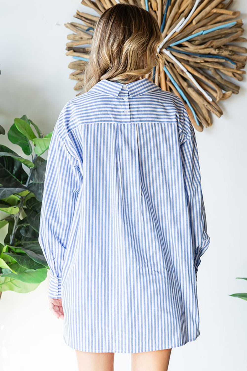 First Love Striped Button Down High-Low Hem Long Sleeves Oversized Shirt | Blue