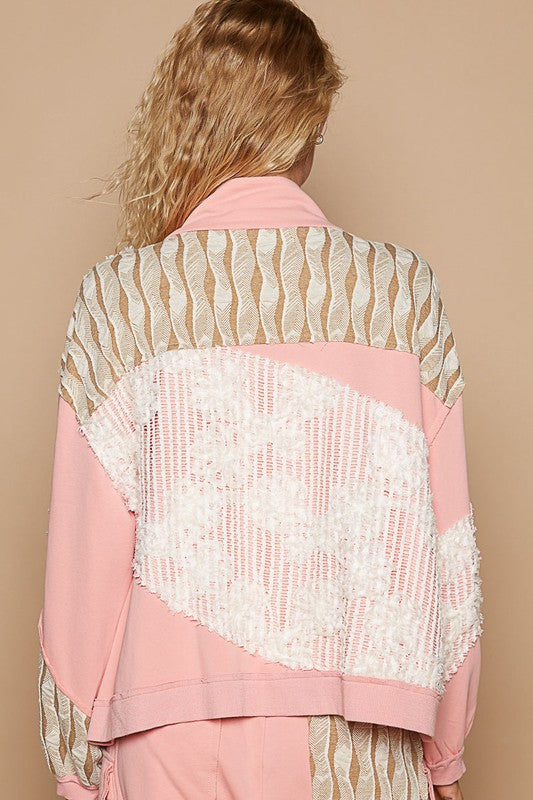 POL Applique Patchwork Zip Up Jacket | Watermelon Pink