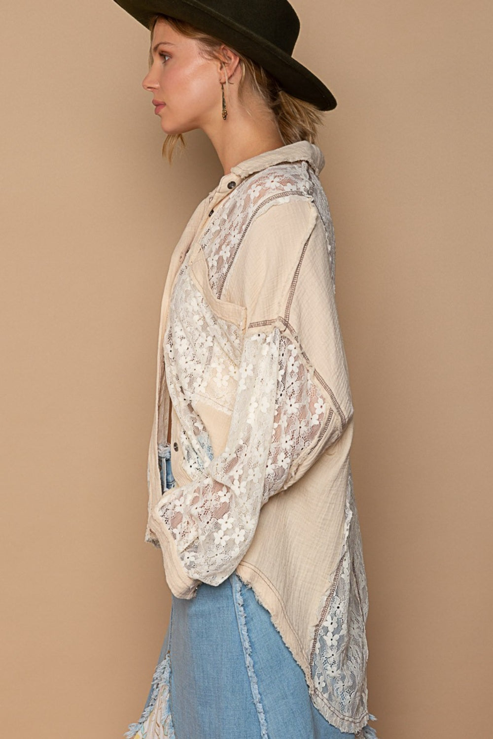 POL Oversized Floral Lace Detail Long Sleeves Button Down Shirt | Sand