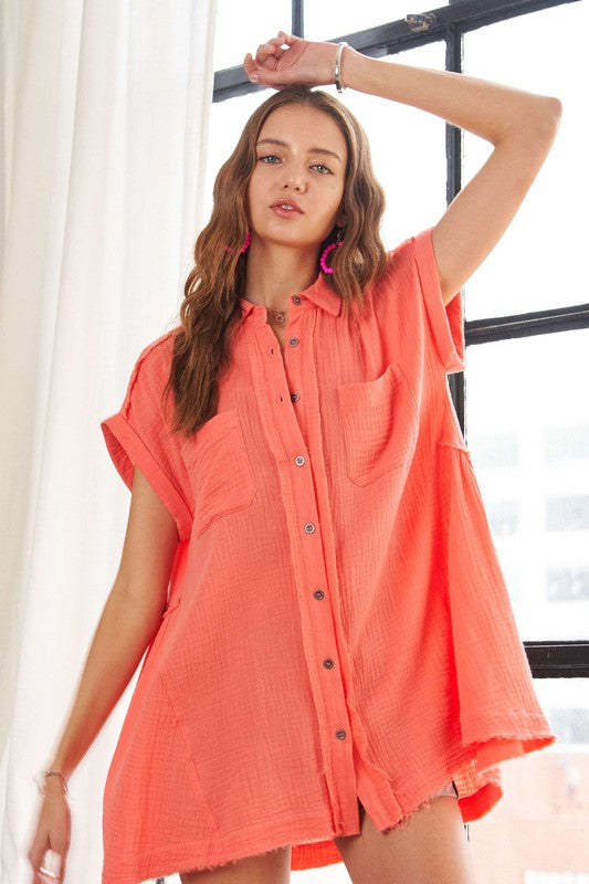 ADORA Raw Hem Collared Neck Short Sleeves Button Down Pockets Shirt | Coral