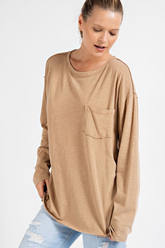 RAE MODE Mineral Washed Round Neckline Long Sleeves Top with Pocket