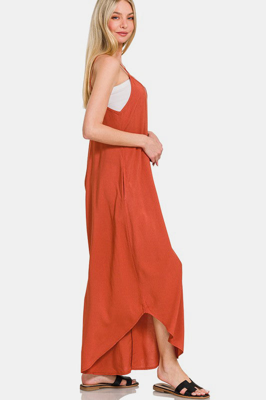 Zenana Spaghetti Strap Side Pockets Wide Leg Rayon Challis Jumpsuit | Rust