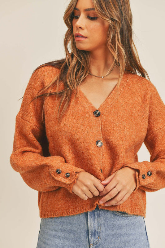 MABLE Long Sleeves Button Down V-Neck Relaxed Fit Sweater Cardigan | Rust