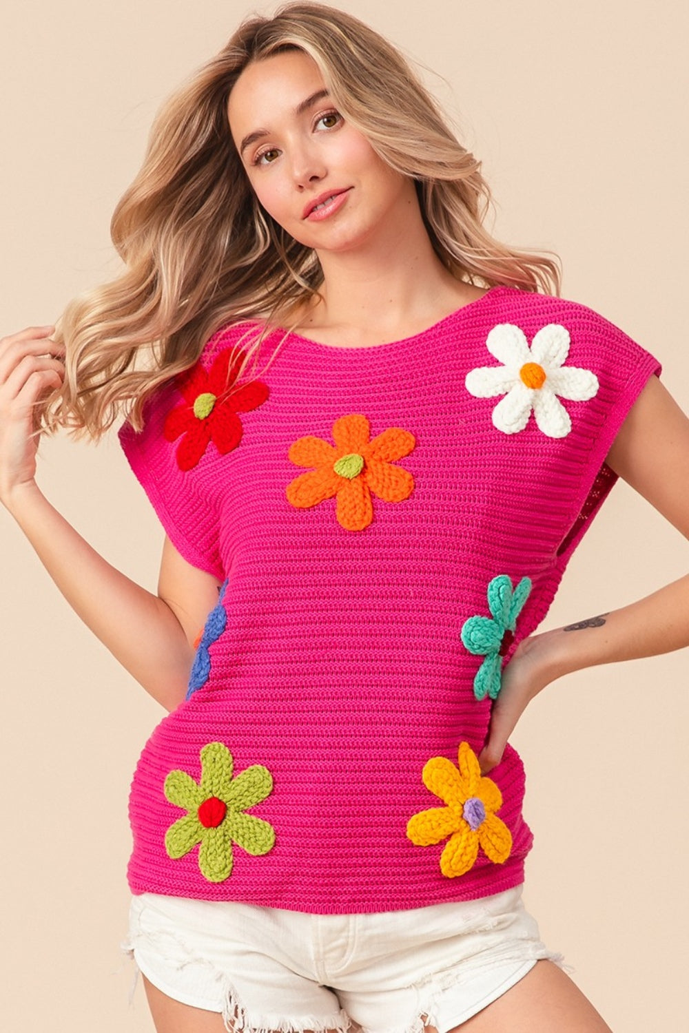 BiBi Crochet Flower Embroidery Round Neck Cap Sleeves Knit Sweater | Fuchsia