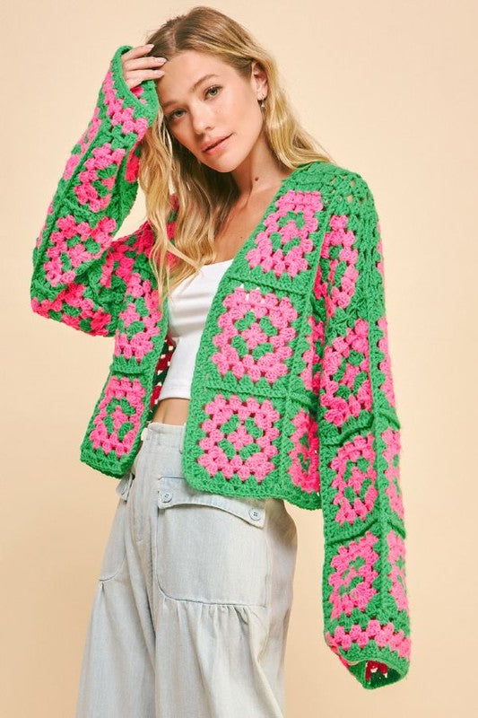 Davi & Dani Full Size Two Tone Flower Square Crochet Open Front Cardigan | Pink Green