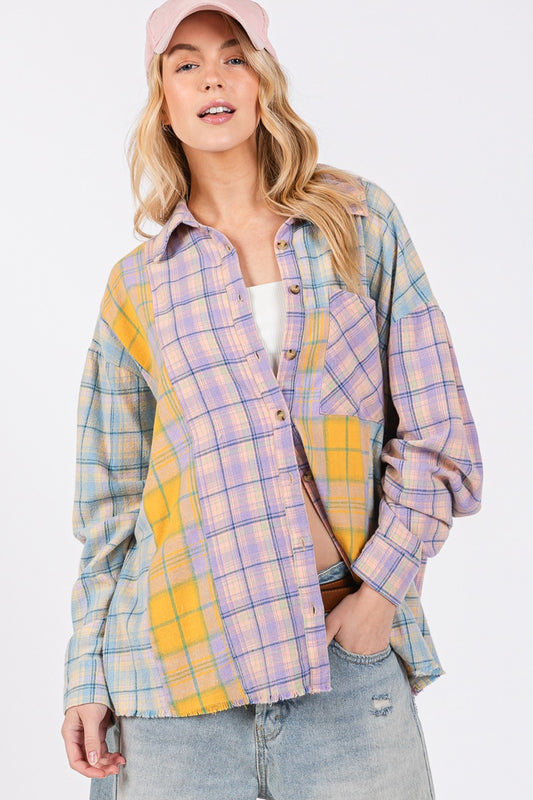 SAGE + FIG Button Up Raw Hem Plaid Pattern Long Sleeves Flannel Shirt | Lavender