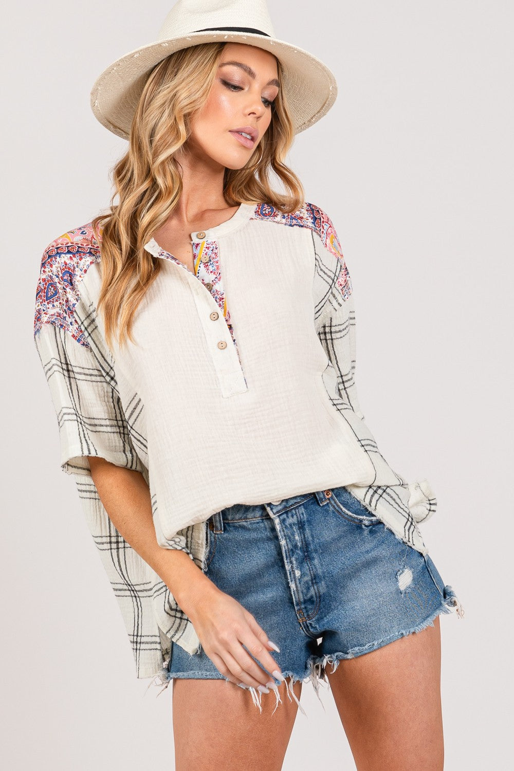 SAGE + FIG Plaid Pattern Half Button Gauze Short Sleeves Oversized Top | Ivory