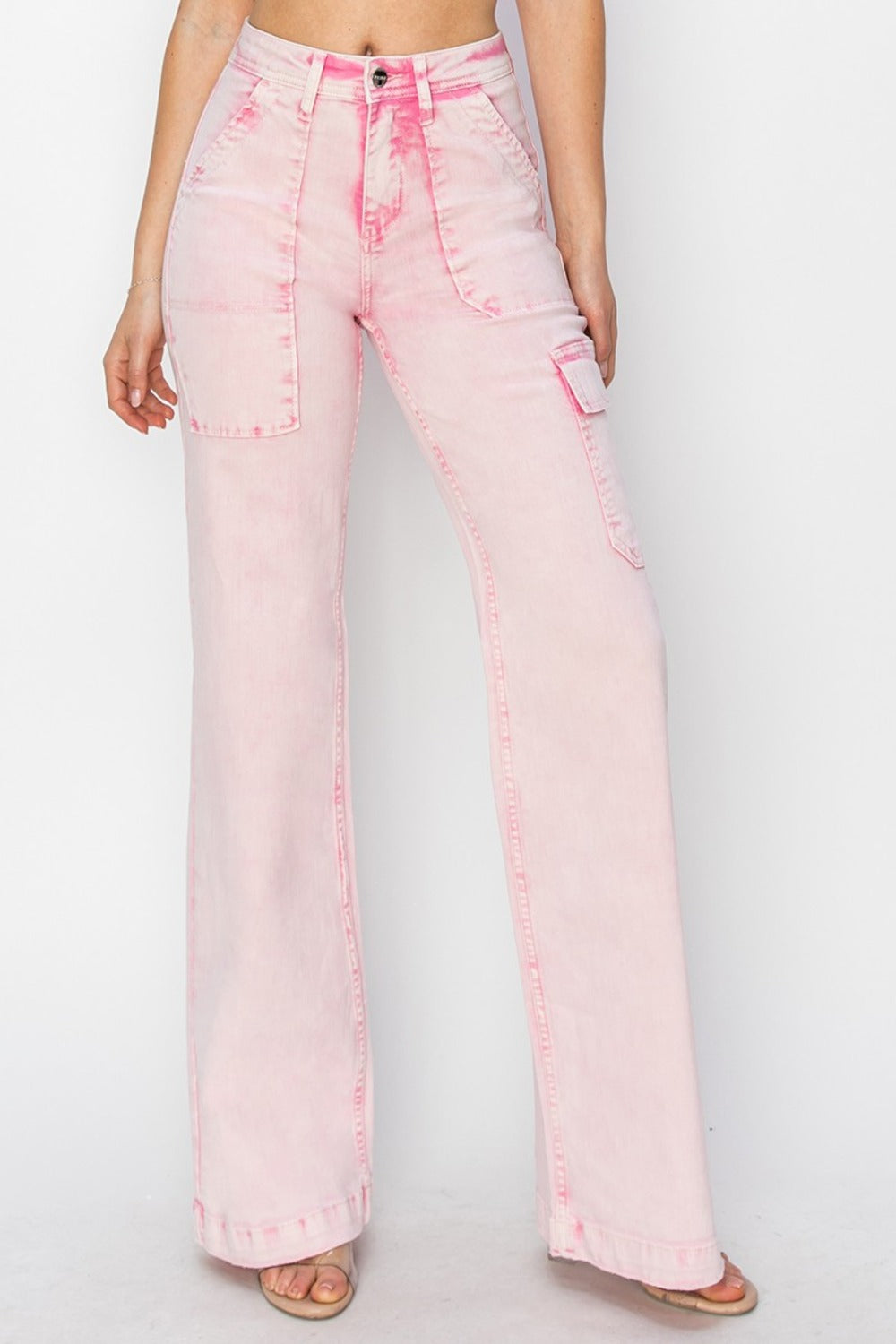 RISEN High Rise Cargo Pockets Zipper Fly Acid Pink Wide Leg Jeans