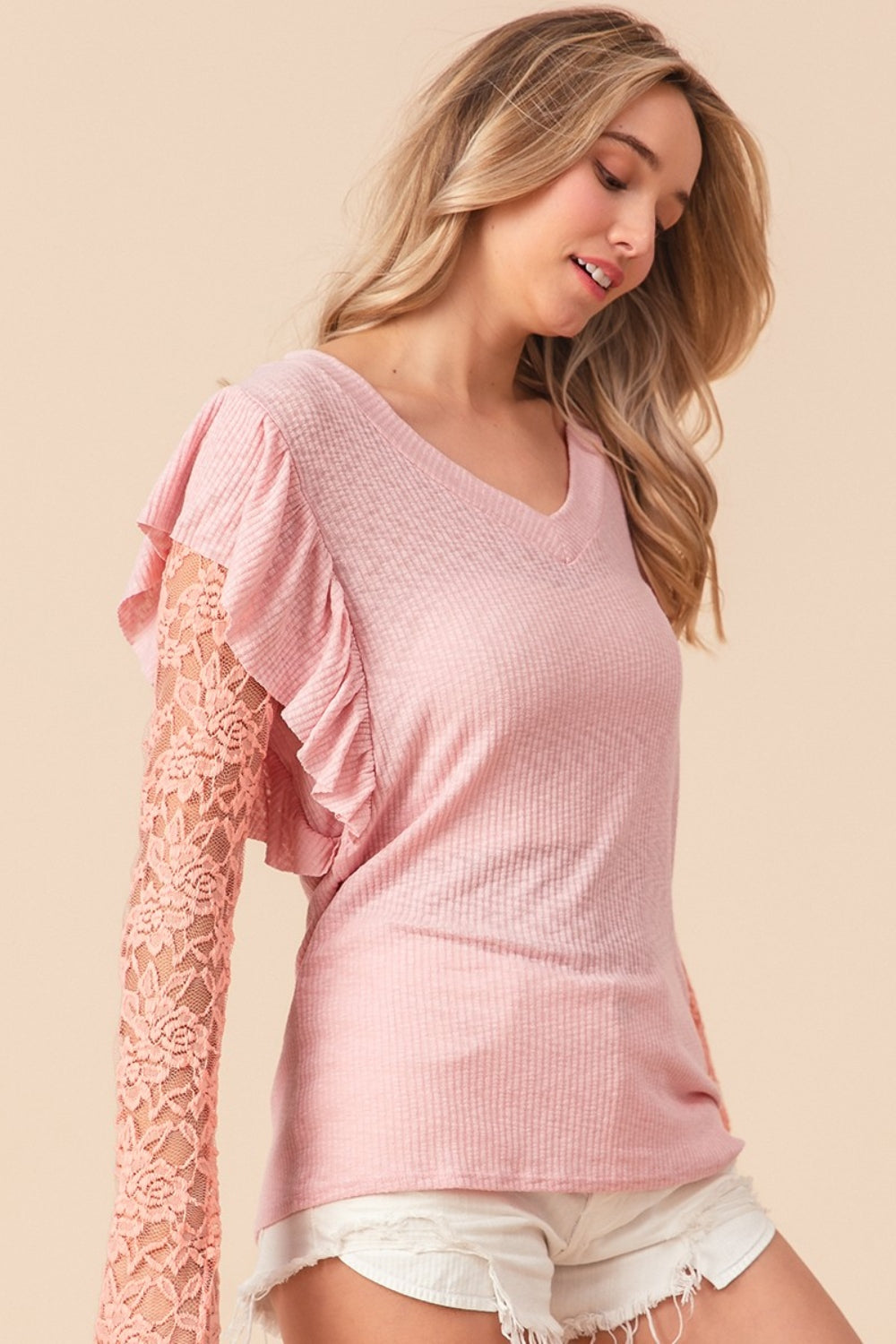 BiBi Ruffled Lace Sleeves V-Neckline Ribbed Knit Top