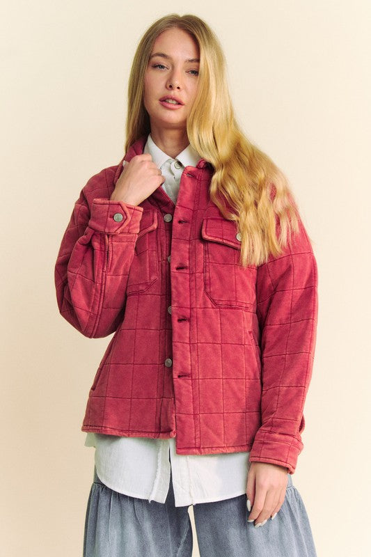 Davi & Dani Mineral Wash Quilted Button Down Chest Pockets Shacket | Brick