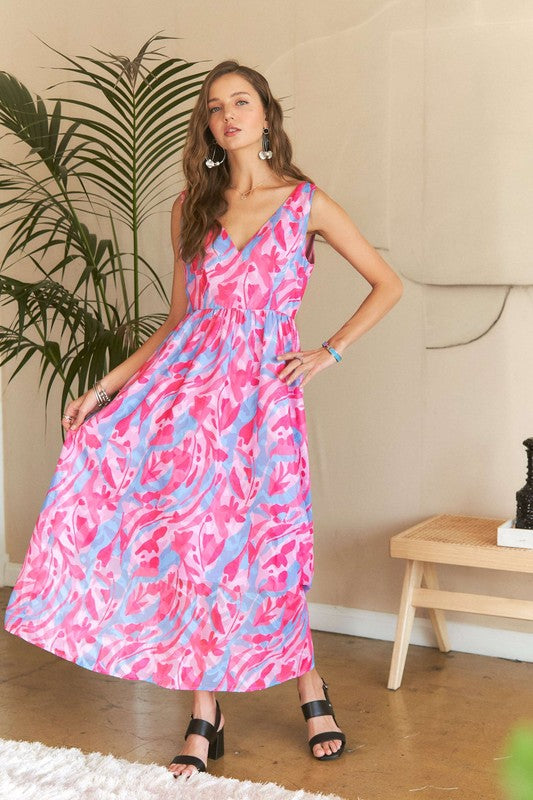 ADORA Abstract Floral Pattern V-Neck Sleeveless Zipper Back Maxi Dress | Pink