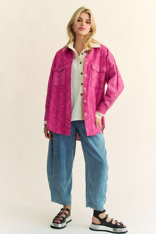 Davi & Dani Curved Hem Diamond Quilted Button Up Denim Shacket | Hot Pink