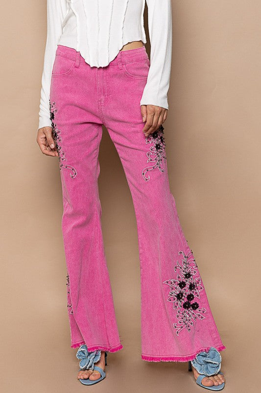 POL Slim Fit Raw Hem Embroidered Detail Stretch Flare Denim Jeans | Hot Pink