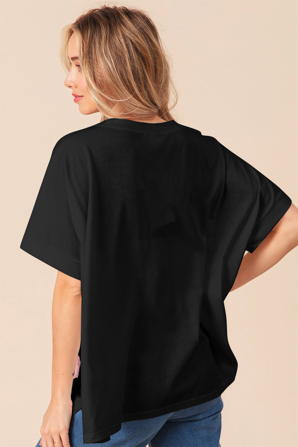 BiBi Solid Drop Shoulders Sequin Bows Patch Short Sleeves T-Shirt | Black