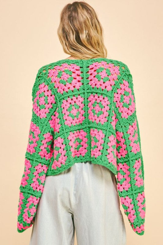 Davi & Dani Full Size Two Tone Flower Square Crochet Open Front Cardigan | Pink Green