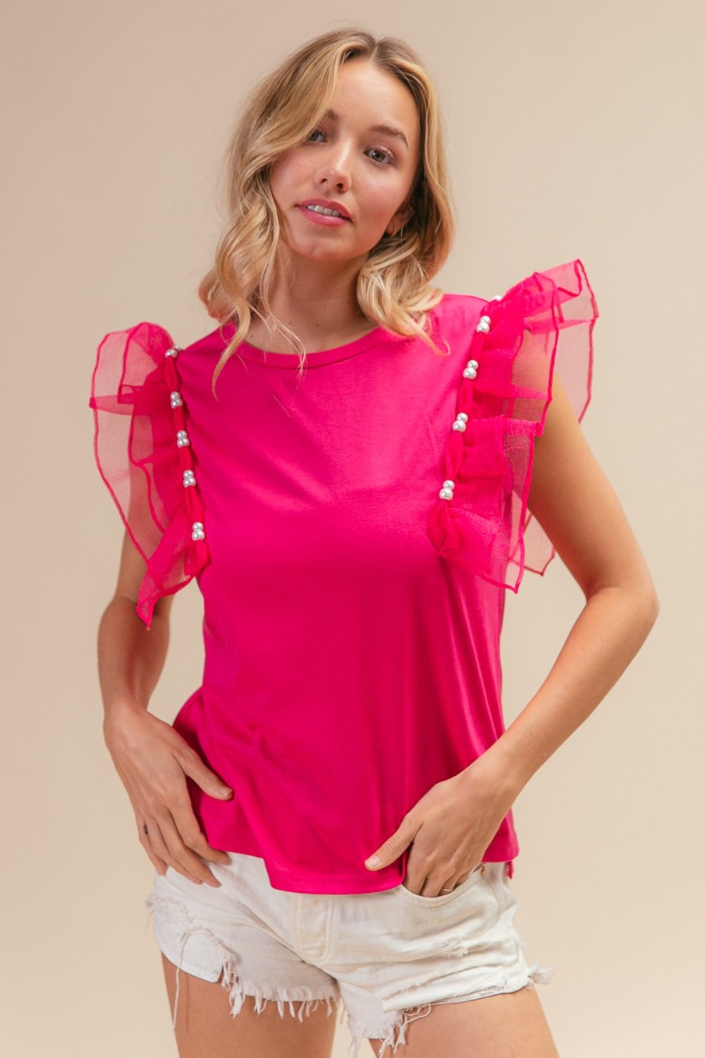 BiBi Pearl Decor Mesh Ruffle Sleeves High-Low Hem Round Neck Top | Fuchsia