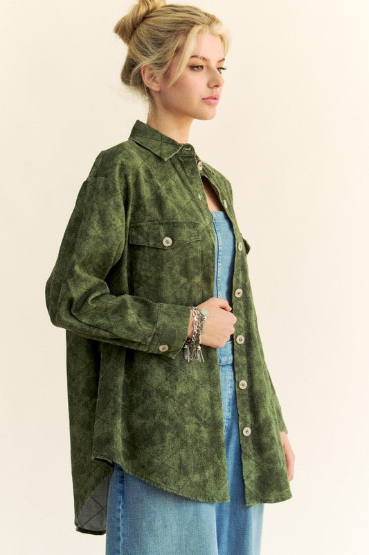 Davi & Dani Curved Hem Diamond Quilted Button Up Denim Shacket | Army Green