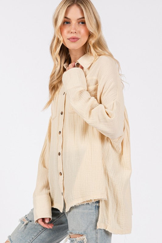 SAGE + FIG Frayed Hem Side Slit Button Down Shirt | Natural