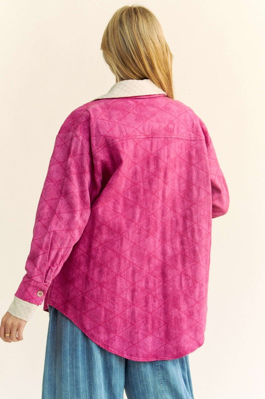 Davi & Dani Curved Hem Diamond Quilted Button Up Denim Shacket | Hot Pink