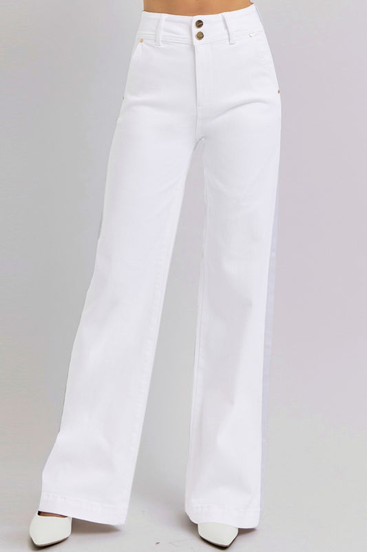 RISEN Tummy Control High Rise Double Button Wide Leg White Denim Jeans