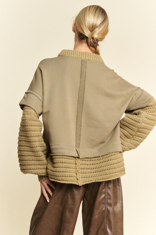 Davi & Dani Faux Layered Detail Round Neck Ribbed Knit Trim Sweater | Olive