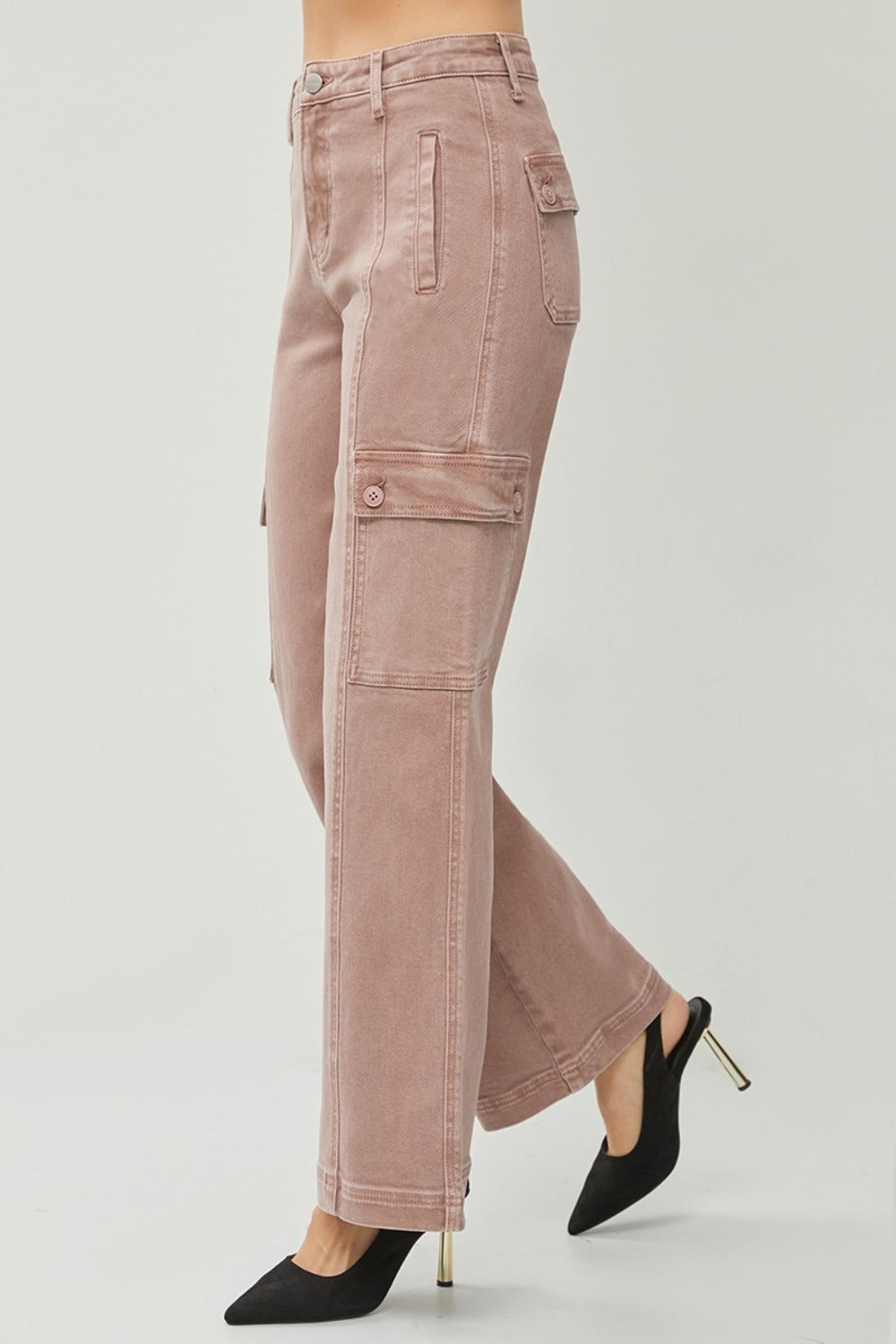 RISEN High Rise Cargo Pockets Zipper Fly Stretchy Wide Leg Denim Jeans | Mauve