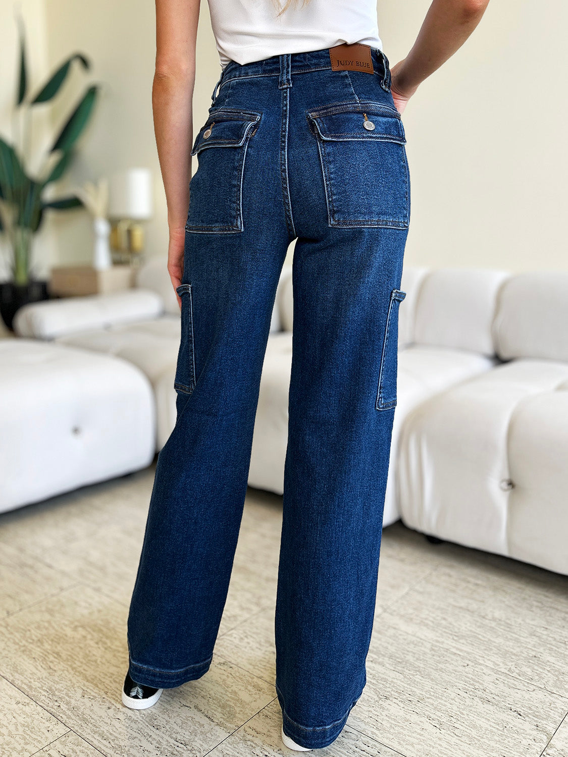 Judy Blue Full Size High Waist Cargo Pockets Dark Wash Straight Denim Jeans