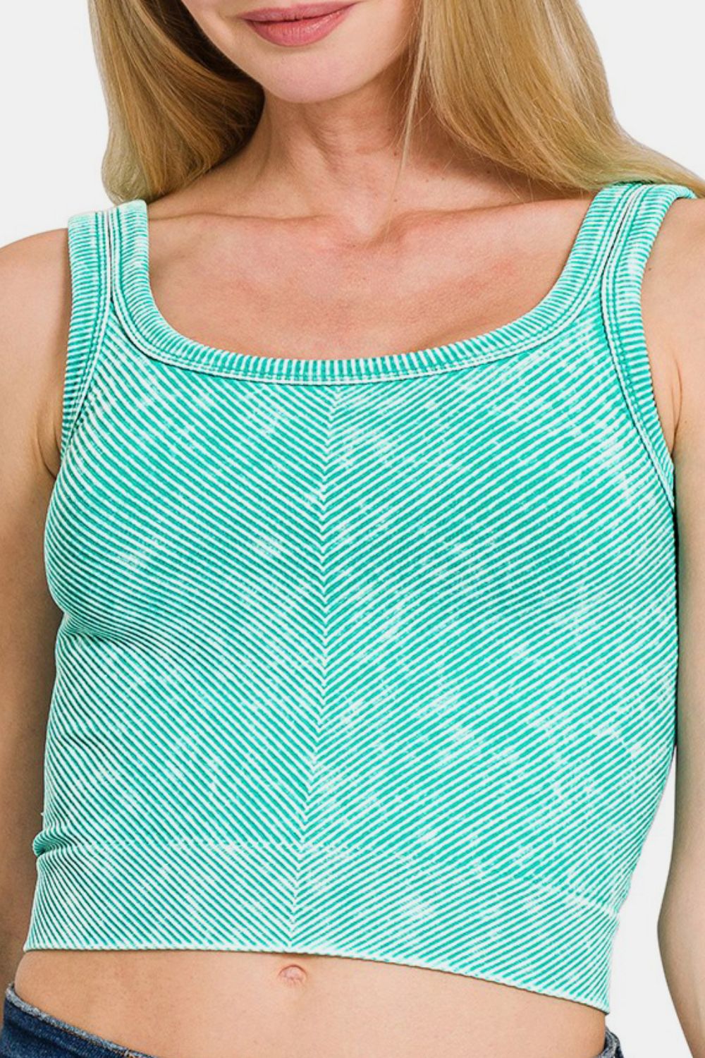 Zenana Stone Washed Ribbed Scoop Neck Seamless Wide Strap Tank Top | Turquoise