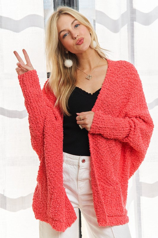 ADORA Popcorn Knit Pockets Long Sleeves Open Front Sweater Cardigan | Coral