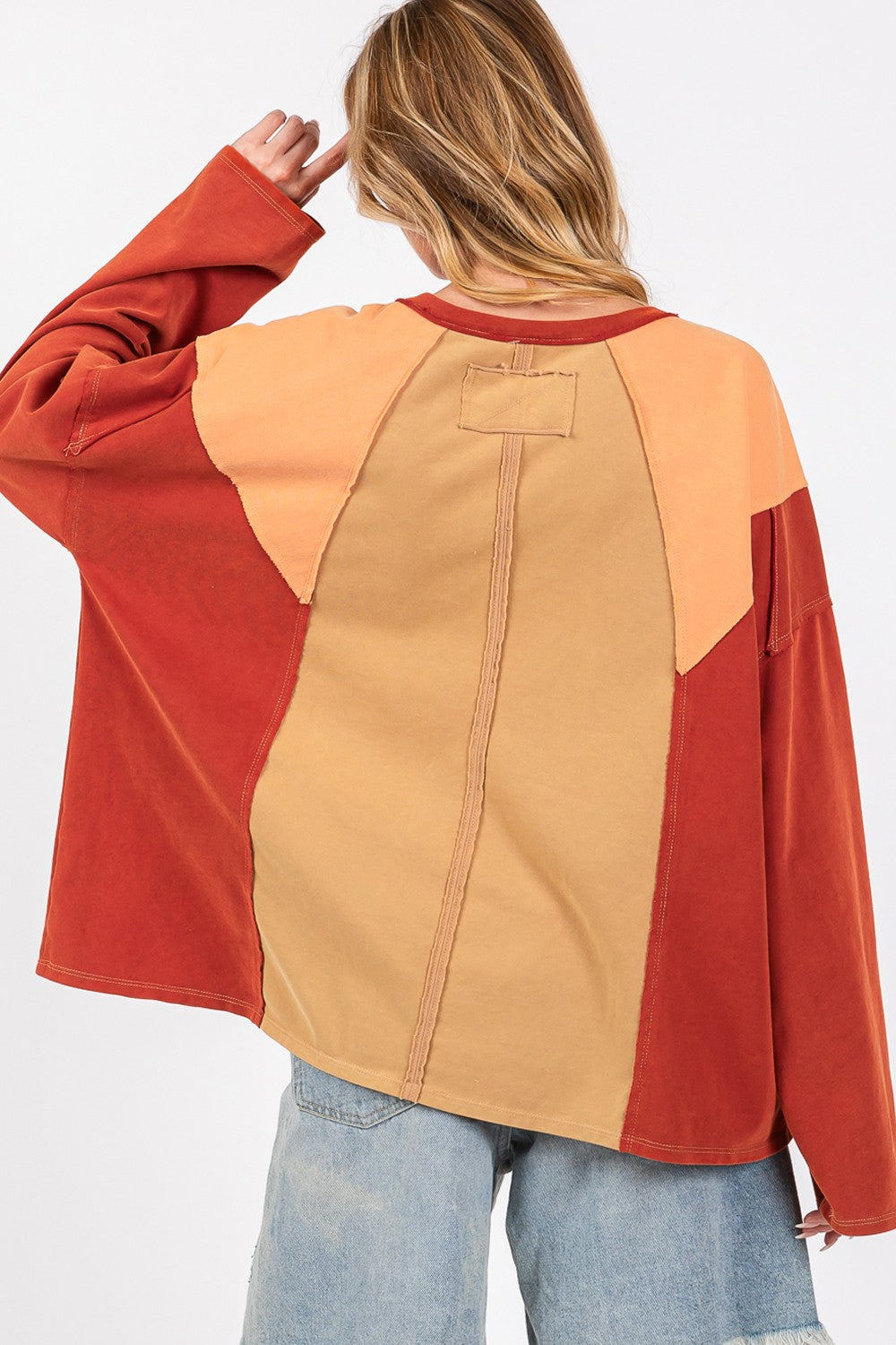 SAGE + FIG Mineral Wash Color Block Detail Long Sleeves Oversized Top | Toast