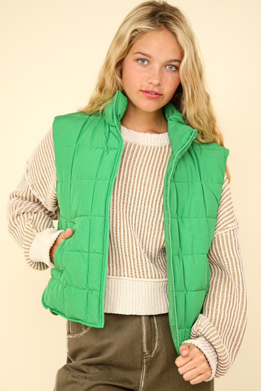 VERY J Zip Up High Neck Side Pockets Solid Puffer Padded Warm Vest | Kelly Green