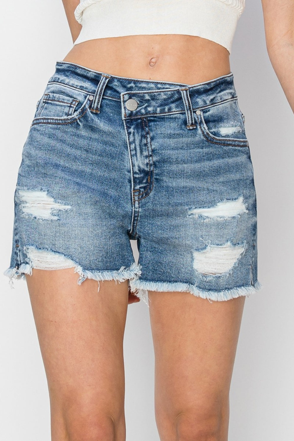 RISEN Stepped Waist Frayed Hem Distressed Zipper Fly Denim Shorts | Medium Wash